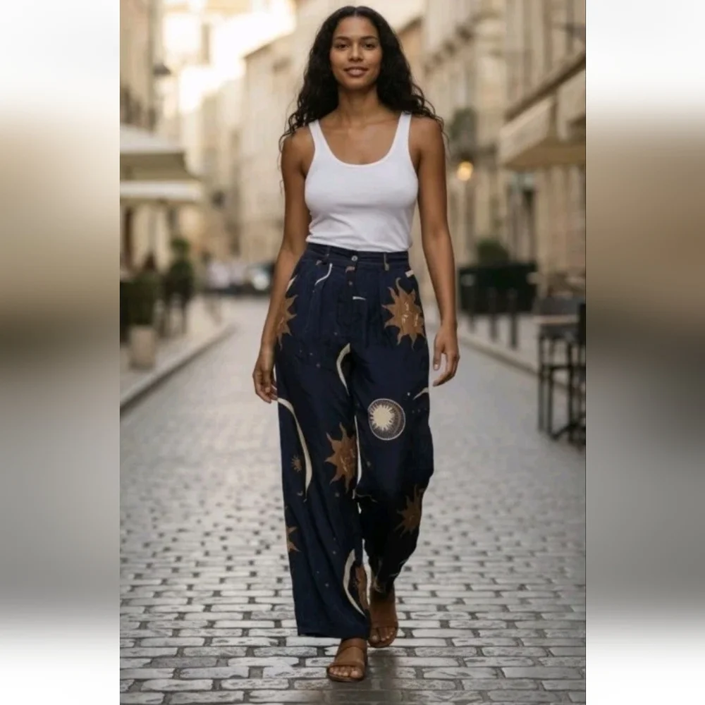 Dior Navy Blue Celestial Print Wide-Leg Pants